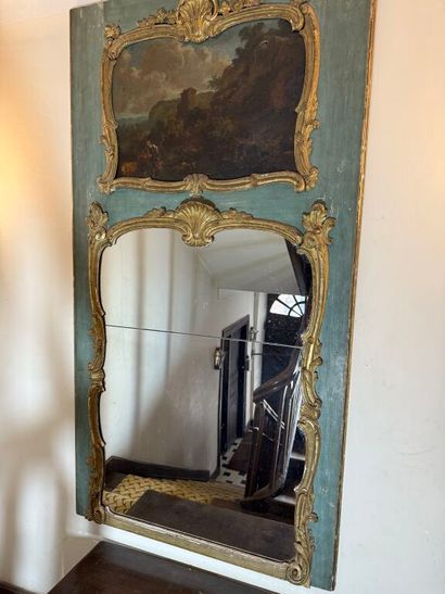 Gilded wood trumeau, green relacquered and...