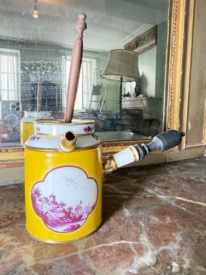 Porcelain chocolate pot with pink cameo decoration...