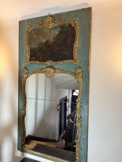 Gilded wood trumeau, green relacquered and...