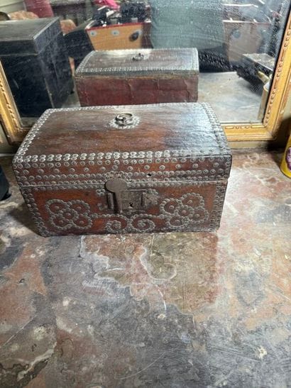 Leather-covered wooden case with studded...