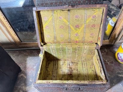 Leather-covered wooden case with studded...