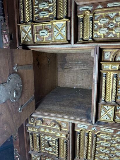 Richly carved walnut and bone bargueño with...