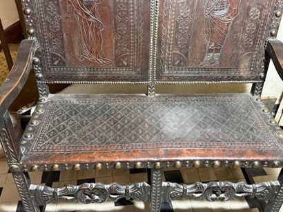Double armchair forming a bench in carved...