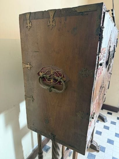 Richly carved walnut and bone bargueño with...
