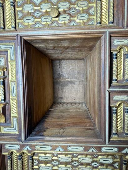 Richly carved walnut and bone bargueño with...