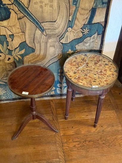 Set of two pedestal tables: 
- one in mahogany...