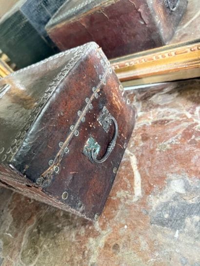 Leather-covered wooden case with studded...