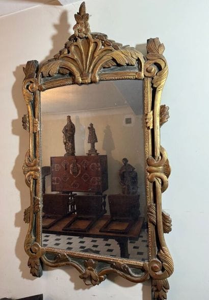 Large mirror in carved wood, gilded and green...
