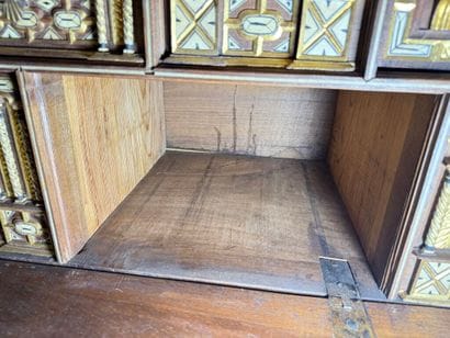 Richly carved walnut and bone bargueño with...