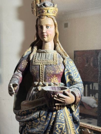 Holy crowned woman in carved, polychromed...