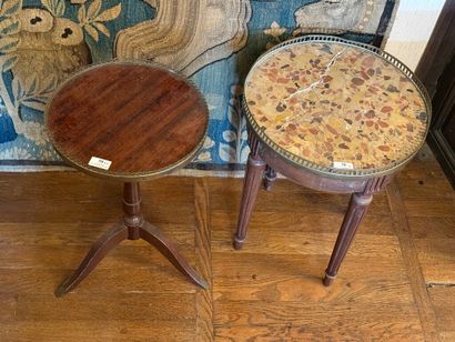 Set of two pedestal tables: 
- one in mahogany...