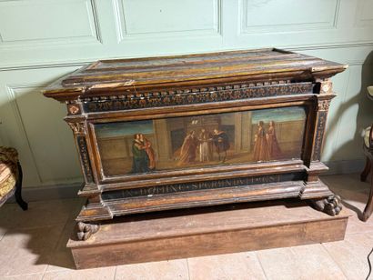 Cassone wedding chest in molded wood, carved...