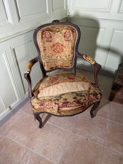 Natural wood armchair, molded and carved...
