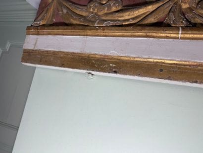 Carved wood paneling with ochre and white...