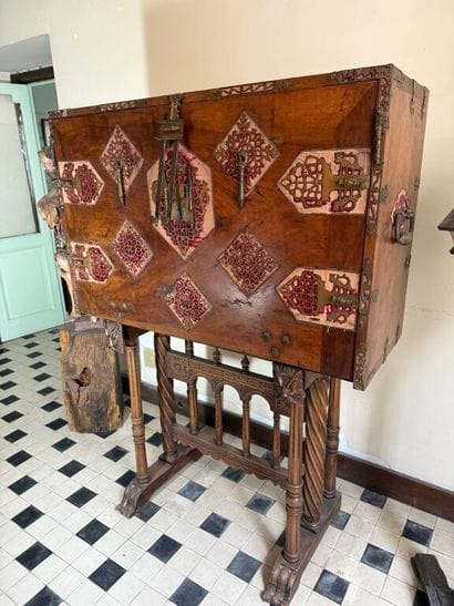 Richly carved walnut and bone bargueño with...