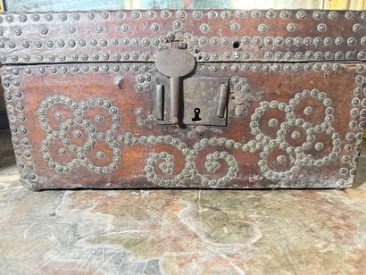 Leather-covered wooden case with studded...