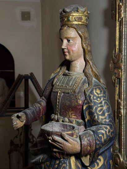 Holy crowned woman in carved, polychromed...
