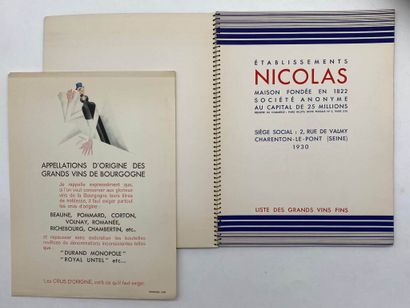 [OENOLOGIE - NICOLAS]. Liste des grands vins...