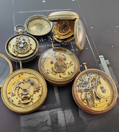 Set of five metal pocket or travel watches,...
