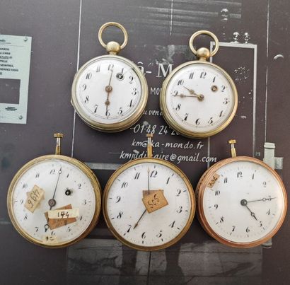 Set of five metal pocket or travel watches,...