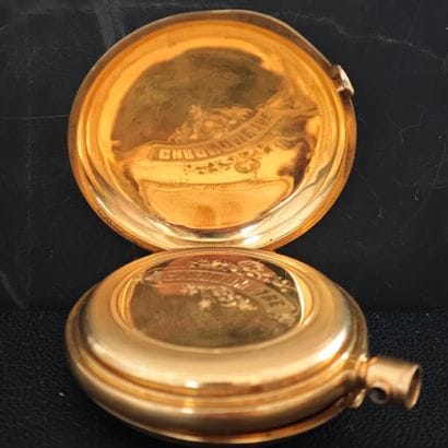 Yellow gold 750‰ savonnette-type pocket chronograph...