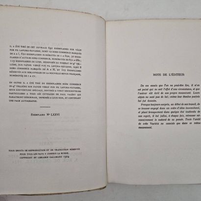 VALERY, Paul. *Variété*.

Paris, NRF, 1924.
In-4...