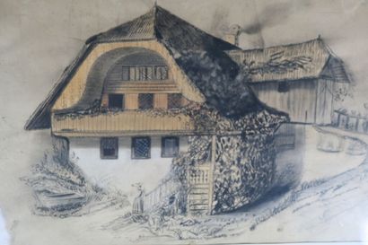 Ensemble de 2 dessins comprenant : 
La Chaumière....