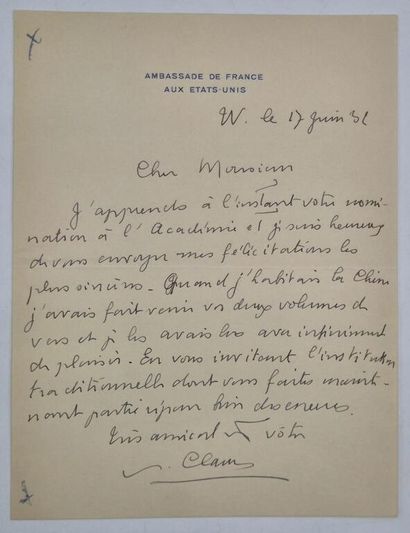 CLAUDEL, Paul. Une lettre et une carte postale...