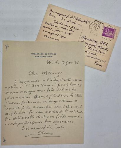 CLAUDEL, Paul. Une lettre et une carte postale...