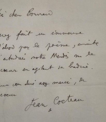 COCTEAU, Jean. Lettre autographe signée adressée...