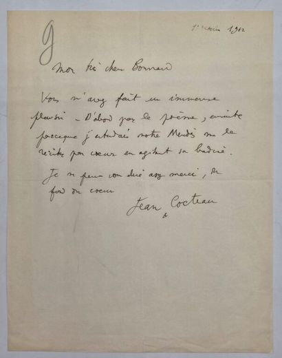 COCTEAU, Jean. Lettre autographe signée adressée...