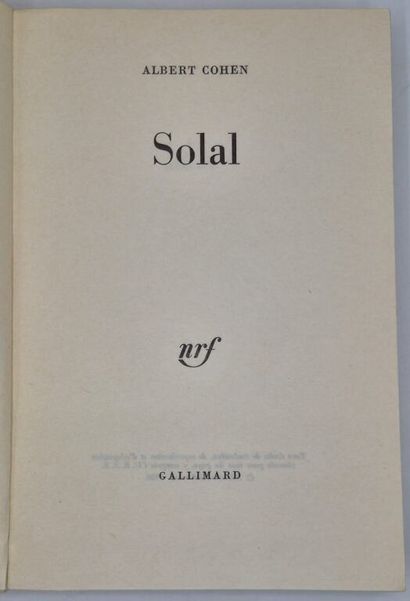 COHEN, Albert. Solal.

Paris, Gallimard,...