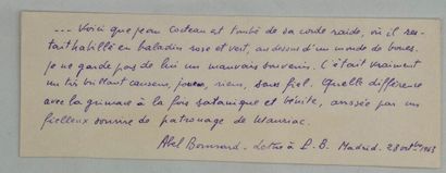 COCTEAU, Jean. Lettre autographe signée adressée...