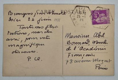 CLAUDEL, Paul. Une lettre et une carte postale...