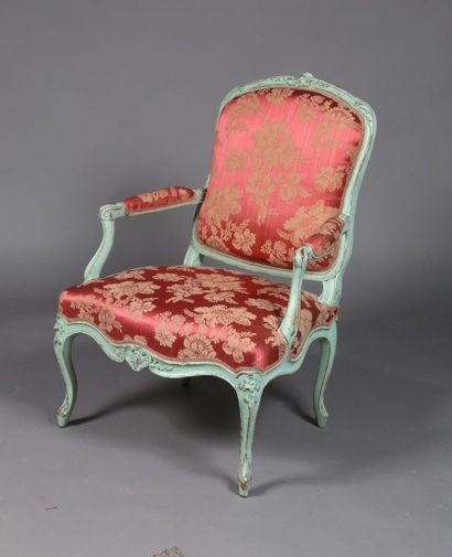 Fauteuil à dossier plat en bois relaqué vert,...