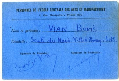VIAN BORIS
Pièce signée. 120 x 80 mm. Carte...