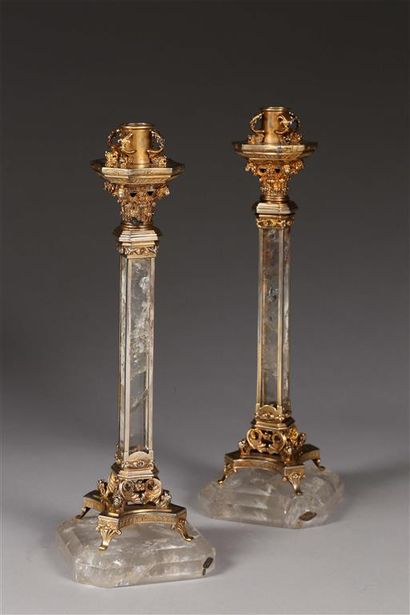 Paire de flambeaux en vermeil * et cristal...