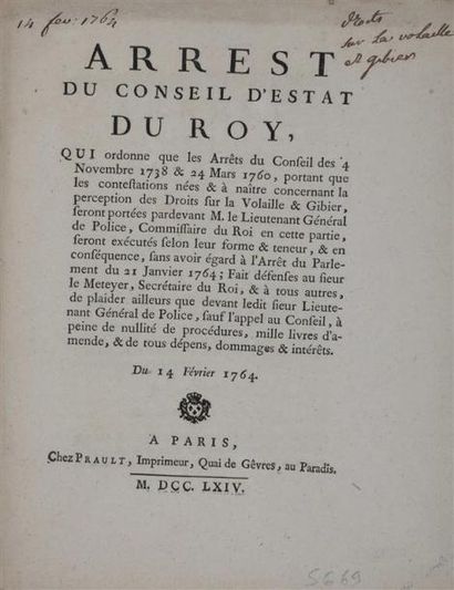 [Gibier]. Arrest du conseil d'estat du roy...