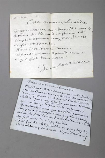 COCTEAU (Jean). Ensemble de 2 lettres autographes...