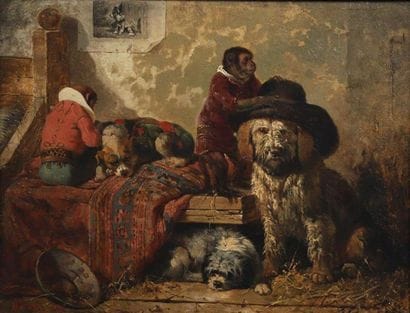 École MODERNE.
Singes et chiens dans un intérieur.
Huile...