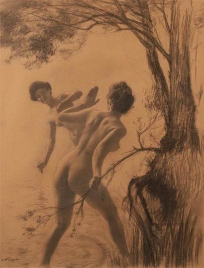 Émile FRIANT (1863-1932).
Deux baigneuses.
Crayon...