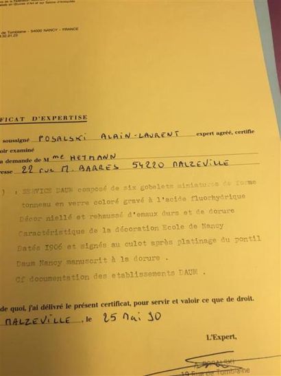 DAUM FRÈRES NANCY.
Suite de six gobelets...