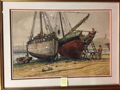 E. BLANCHE.
Voiliers en cale sèche.
Aquarelle...