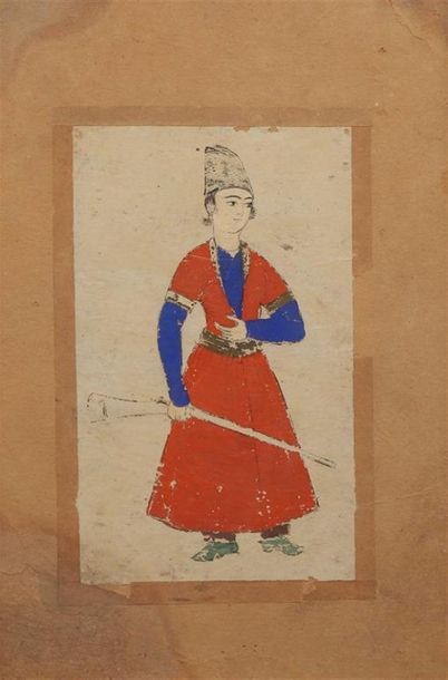 JEUNE PERSAN AU FUSIL, IRAN fin XIXe siècle.
Portrait...