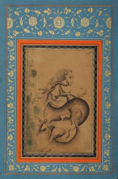 PÂGE D'ALBUM, IRAN QÂJÂR, XIXe siècle.
Combat...
