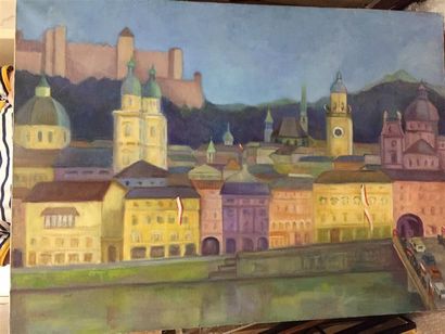 HOFMANN.
Ville en bord de fleuve.
Huile sur...