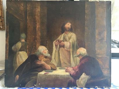 Ecole du XIXème siècle.
Les pèlerins d'Emmaüs.
Huile...