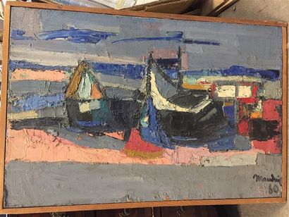 Henri MAUDUIT. 
Paysage au bateaux. 
Huile...