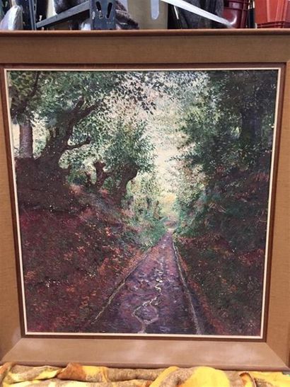 ECOLE MODERNE. 
Chemin dans un bois. 
Huile...