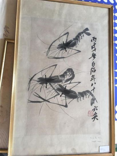 CHINE 
Encre représentant 3 homards et caractères...